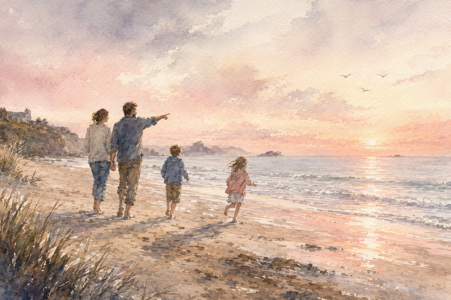Family beach walk at dawn — 3:2 Landscape
