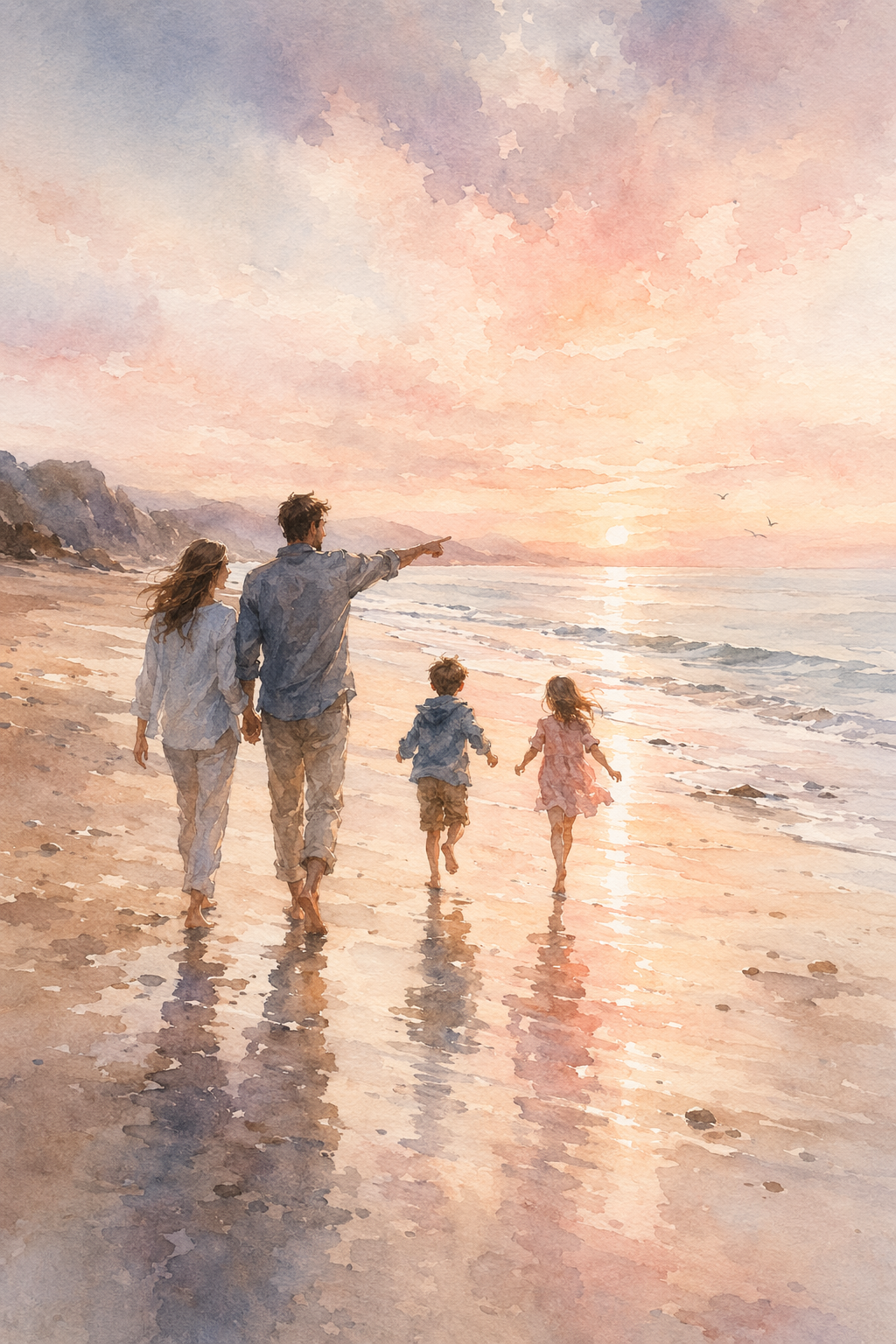 Family beach walk at dawn — 2:3 Portrait
