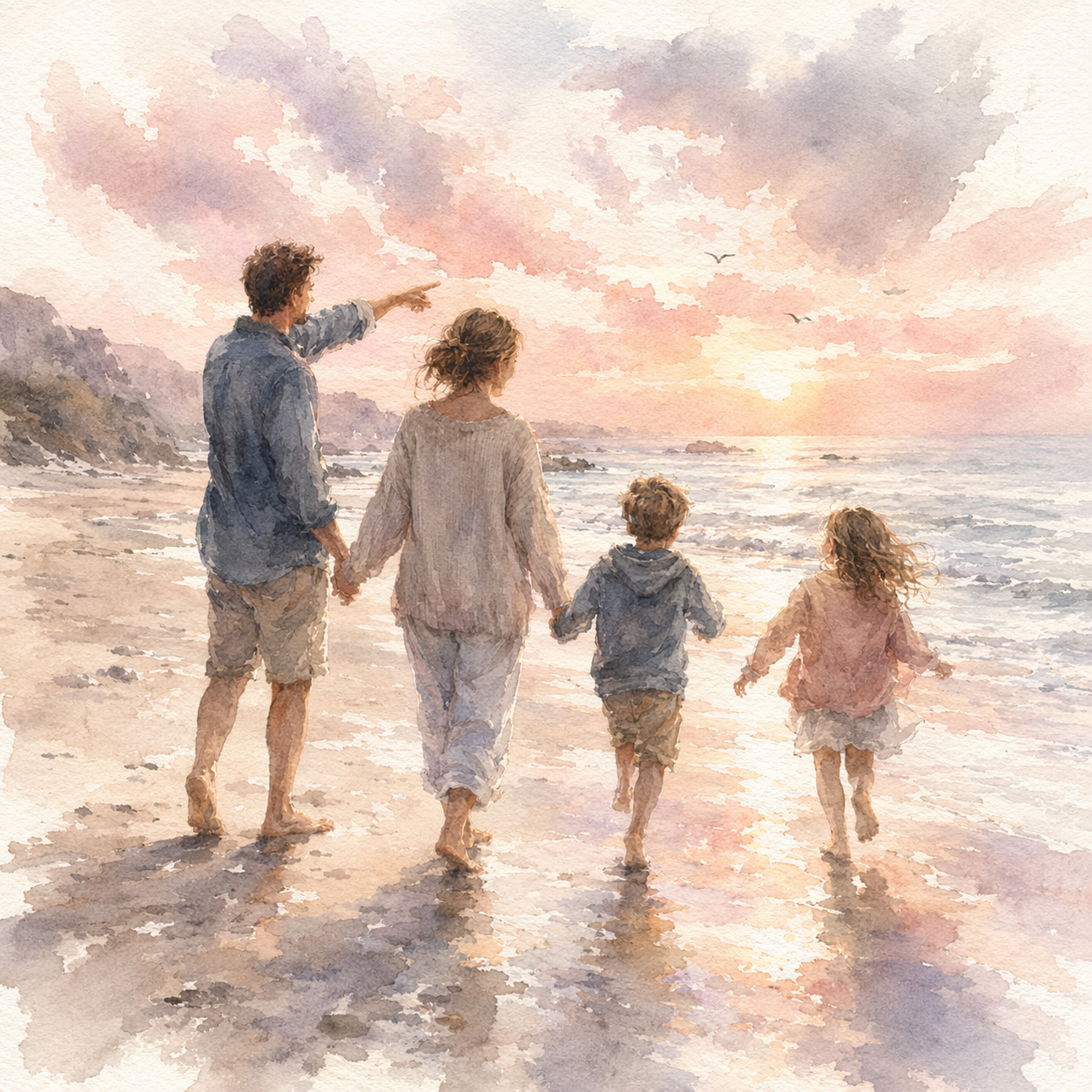 Family beach walk at dawn — 1:1 Square