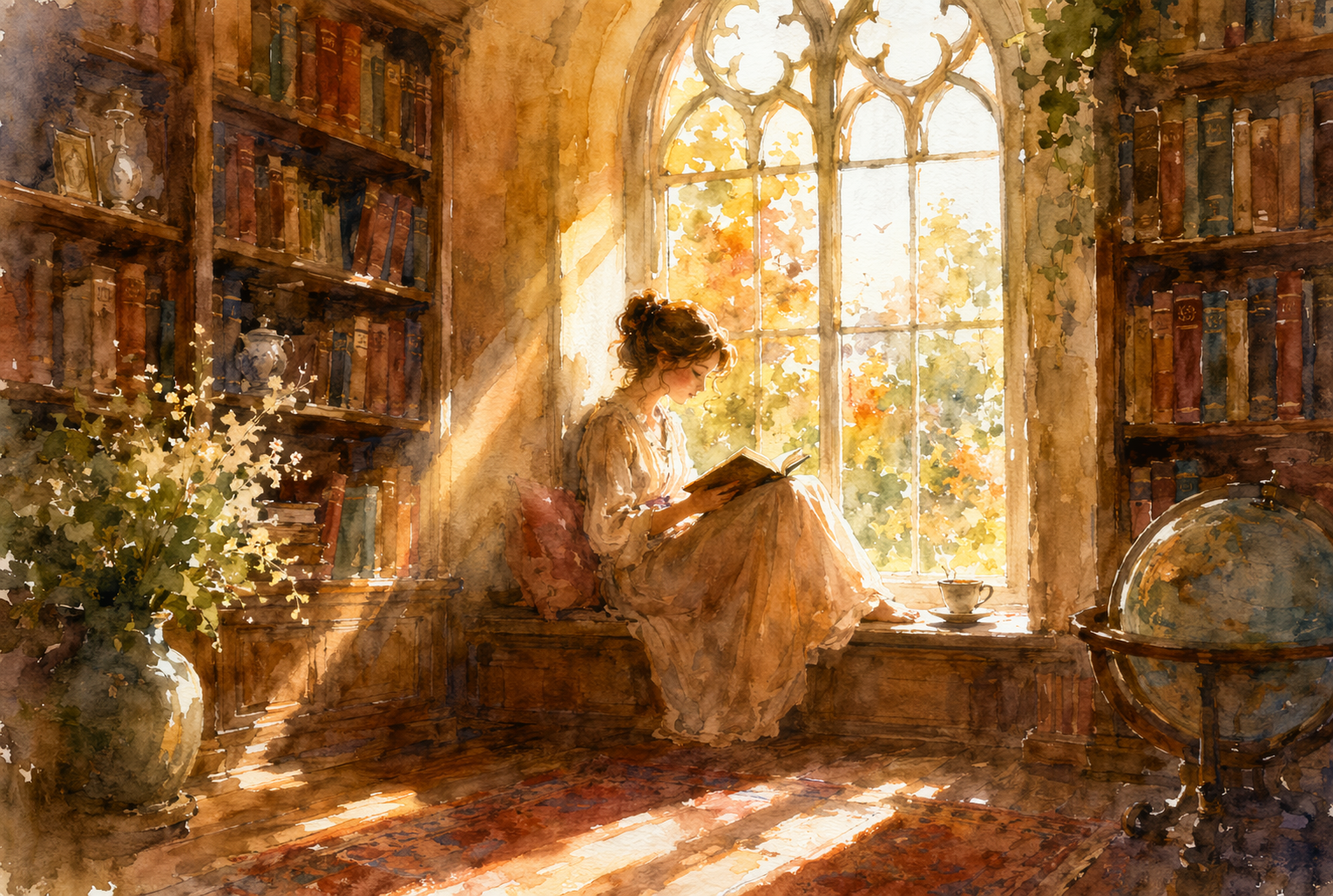 Woman reading in a tall library — 3:2 Landscape