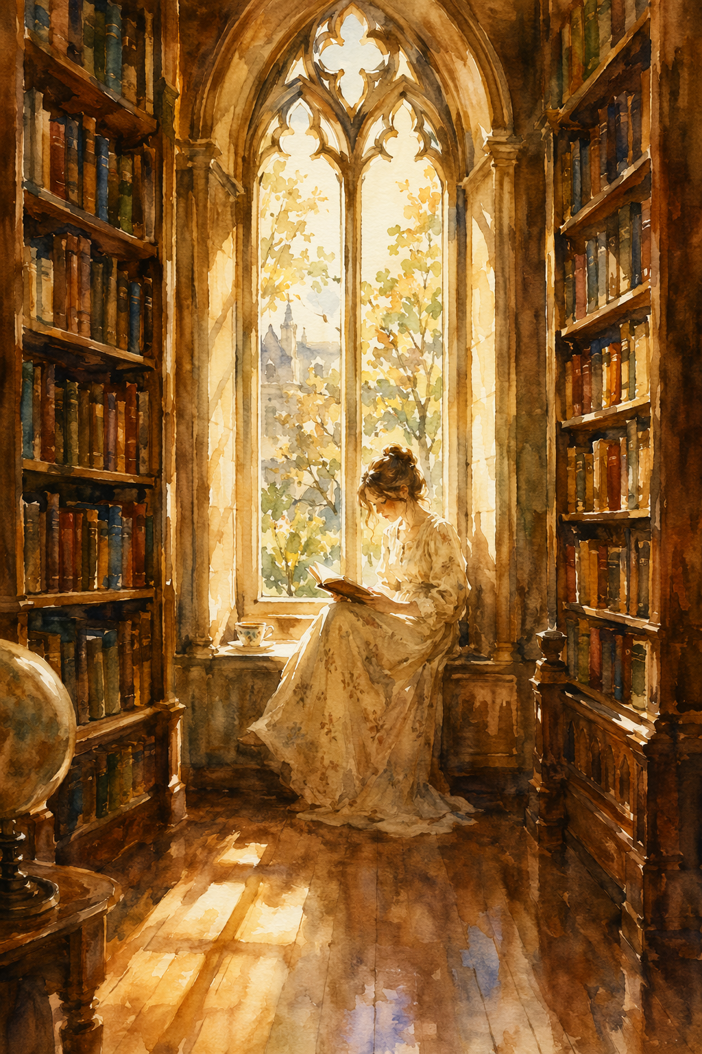 Woman reading in a tall library — 2:3 Portrait