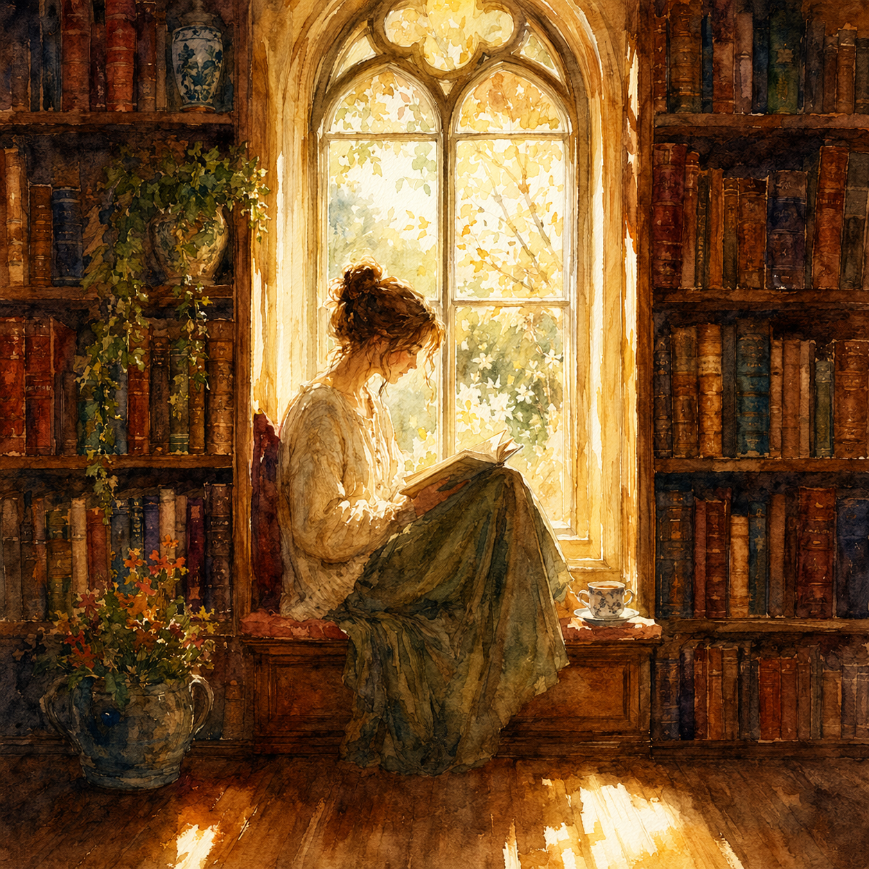 Woman reading in a tall library — 1:1 Square
