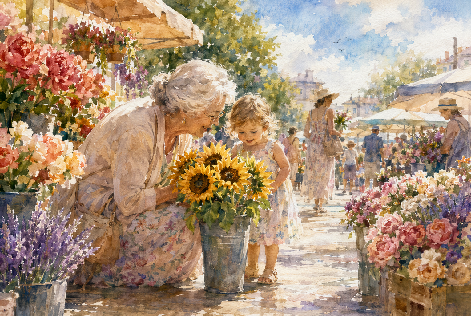 Grandmother and child at a flower market — 3:2 Landscape