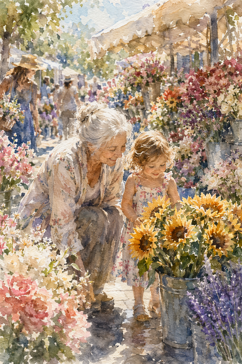 Grandmother and child at a flower market — 2:3 Portrait