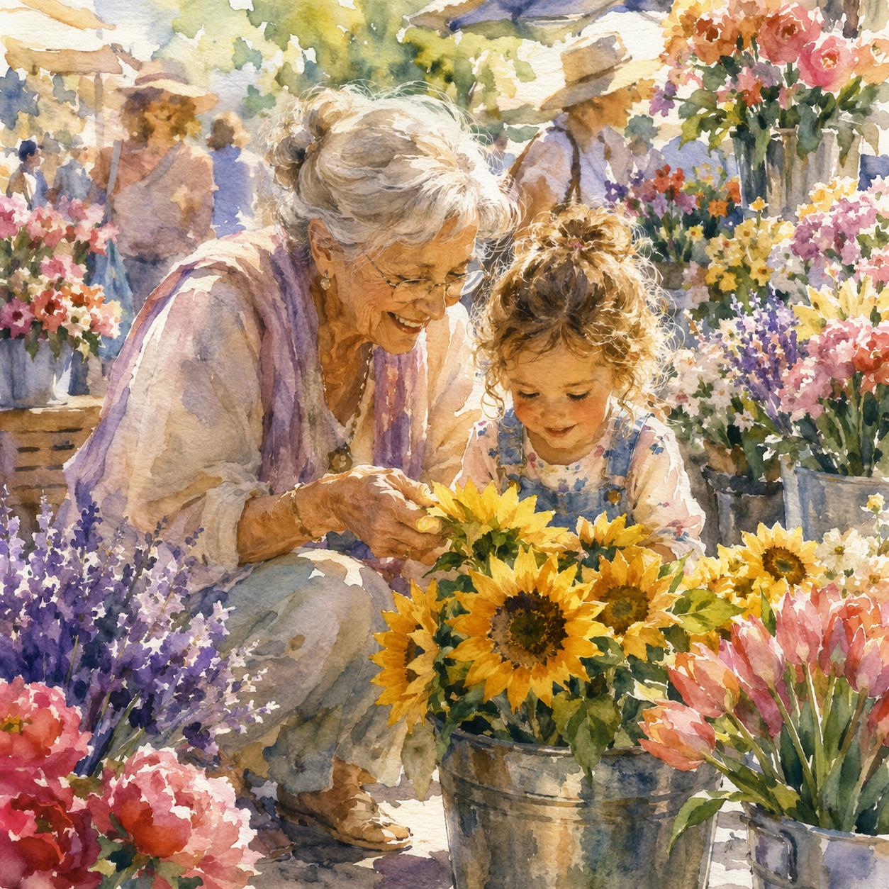 Grandmother and child at a flower market — 1:1 Square
